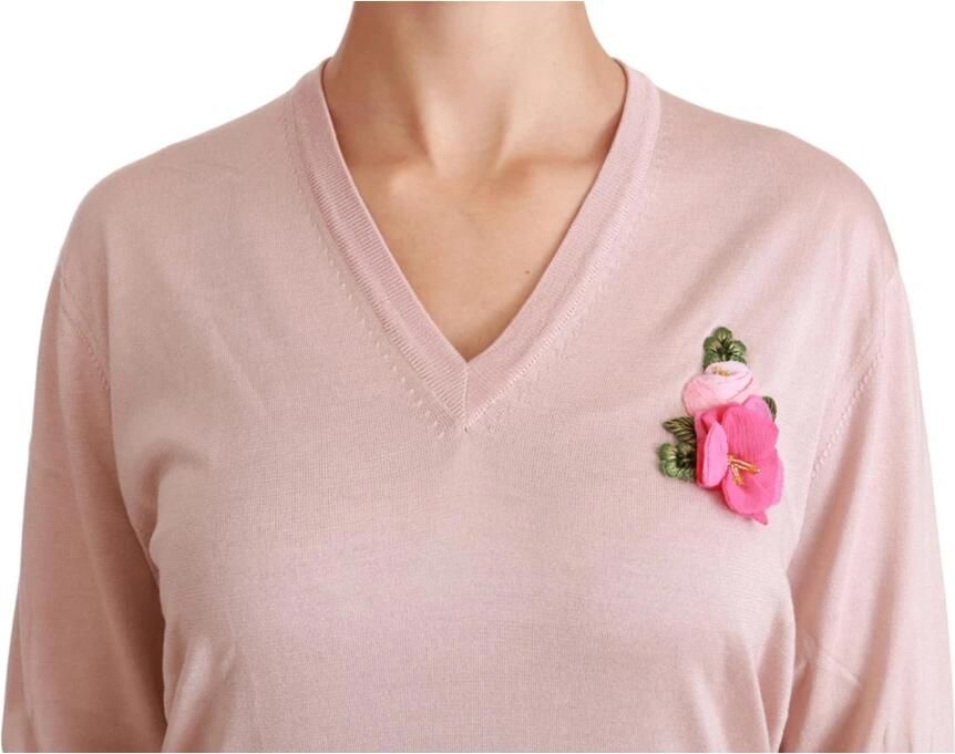 Dolce & Gabbana Pink Floral Embellished Pullover Silk Sweater Roze Dames