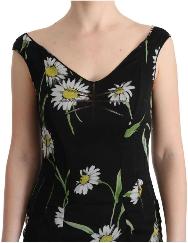 Dolce & Gabbana Zonnebloemprint Maxi Jurk Mouwloos V-hals Black Dames