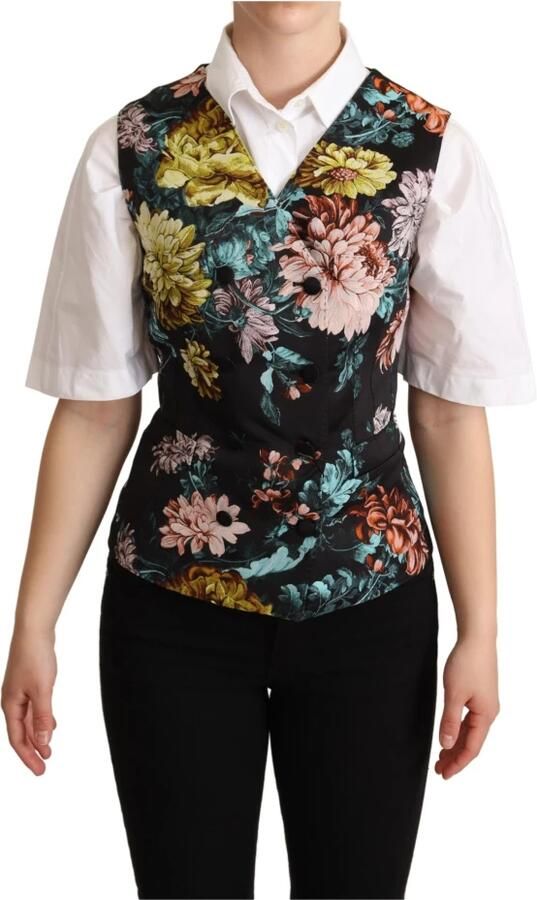 Dolce & Gabbana Black Jacquard Floral Waistcoat Vest Zwart Dames - Foto 4