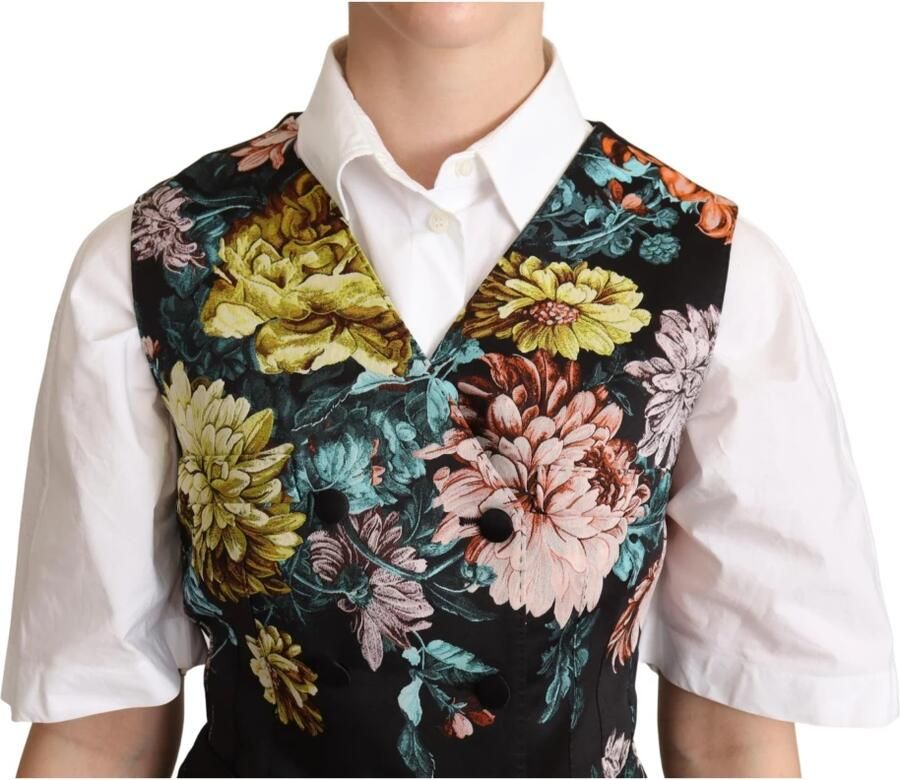 Dolce & Gabbana Black Jacquard Floral Waistcoat Vest Zwart Dames
