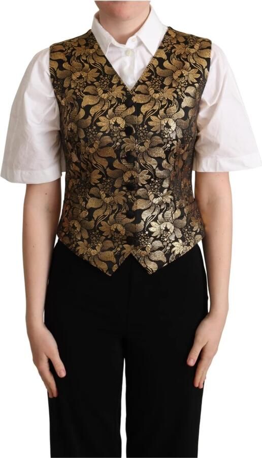 Dolce & Gabbana Luxe Zwart Goud Jacquard Zijden Vest Multicolor Dames - Foto 4