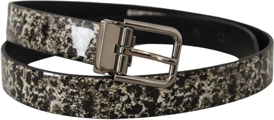 Dolce & Gabbana Zwart Marmer Print Leren Riem met Zilveren Logo Gesp Black