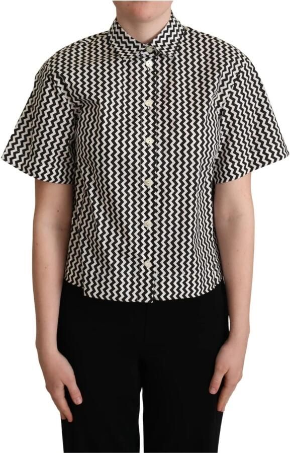 Dolce & Gabbana Dolce Gabbana Zwart Wit Zigzag Collar Cotton Top Shirt Zwart Dames - Foto 4