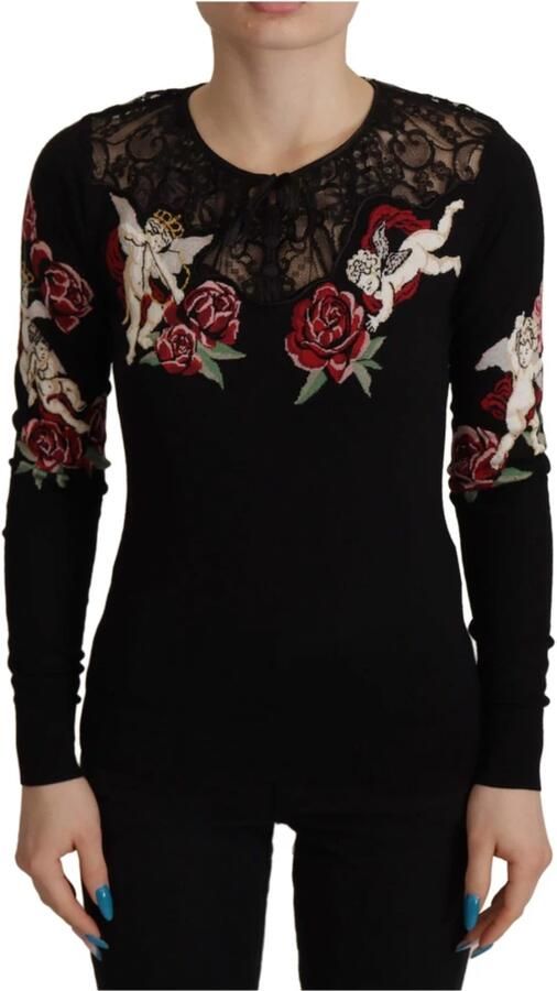 Dolce & Gabbana Black Silk Knit Roses Angel Pullover Sweater Zwart Dames - Foto 6