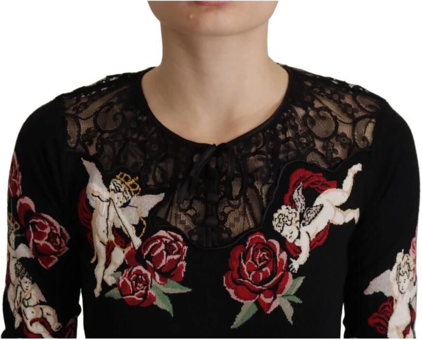 Dolce & Gabbana Black Silk Knit Roses Angel Pullover Sweater Zwart Dames