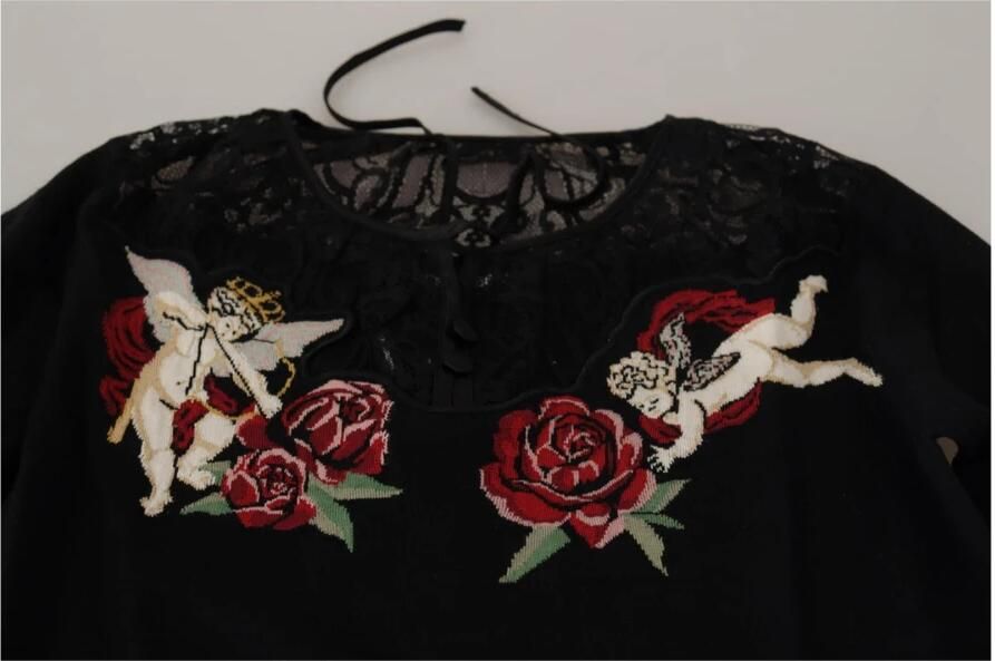 Dolce & Gabbana Black Silk Knit Roses Angel Pullover Sweater Zwart Dames - Foto 4