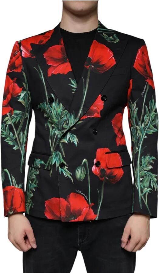 Dolce & Gabbana Zwarte Bloemenblazer met Slim Fit Multicolor Heren