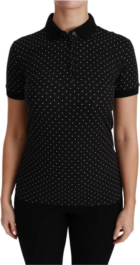 Dolce & Gabbana Black Dotted Collared Polo Shirt Cotton Top Zwart Dames - Foto 6