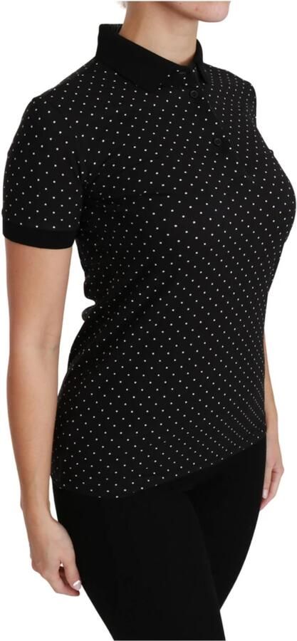 Dolce & Gabbana Black Dotted Collared Polo Shirt Cotton Top Zwart Dames - Foto 4