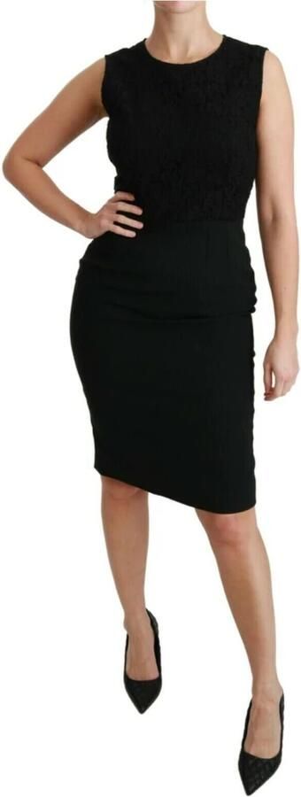 Dolce & Gabbana Zwarte Kanten Mouwloze Sheath Jurk met Logo Details Black Dames - Foto 4