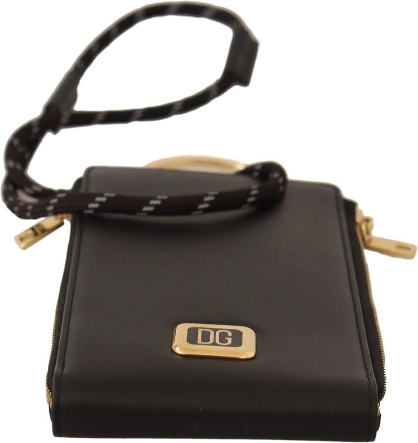 Dolce & Gabbana Zwarte Leren DG Logo Gouden Rits Kaarthouder Portemonnee Black Heren
