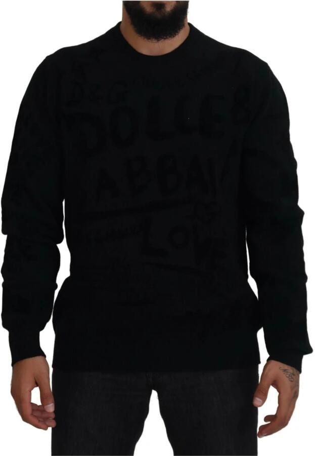 Dolce & Gabbana Black Wool Logo Pattern Crewneck Pullover Sweater Zwart Heren