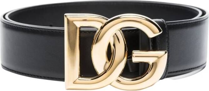 Dolce & Gabbana Luxe Zwarte Kalfsleren Riem met Gouden DG Logo Black Dames