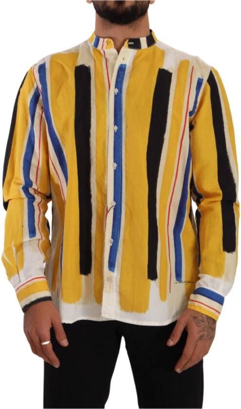 Dolce & Gabbana Geel Gestreept Henley Linnen Katoenen Overhemd Yellow Heren