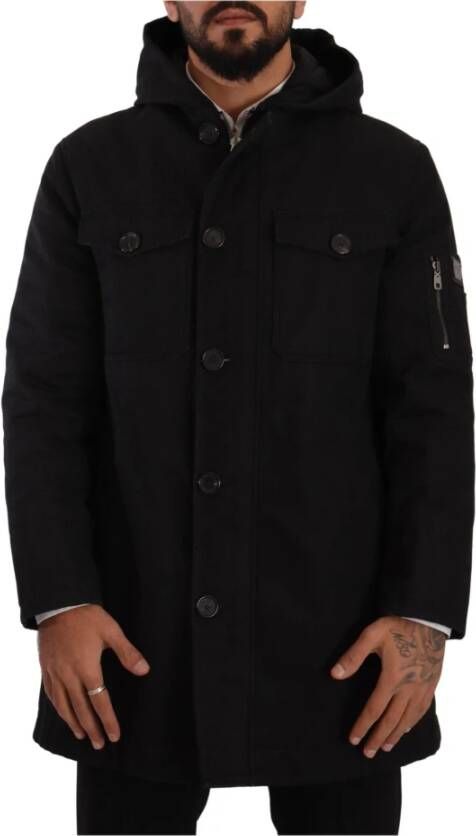 Dolce & Gabbana Black Denim Hooded Parka Coat Winter Jacket Zwart Heren