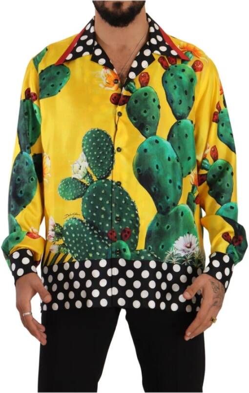 Dolce & Gabbana Yellow Green Cactus Silk Hawaiian Top Mens Overhemd Geel Heren