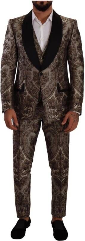 Dolce & Gabbana Brown Jacquard Slim Fit Breasted 3 Piece Suit Bruin Heren
