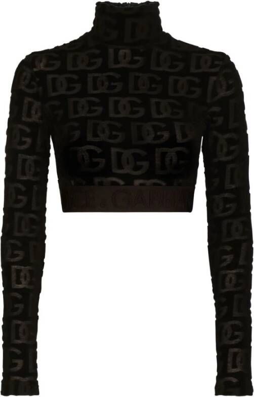 Dolce & Gabbana Velvet Crop Coltrui met hoge hals en lange mouwen Black Dames