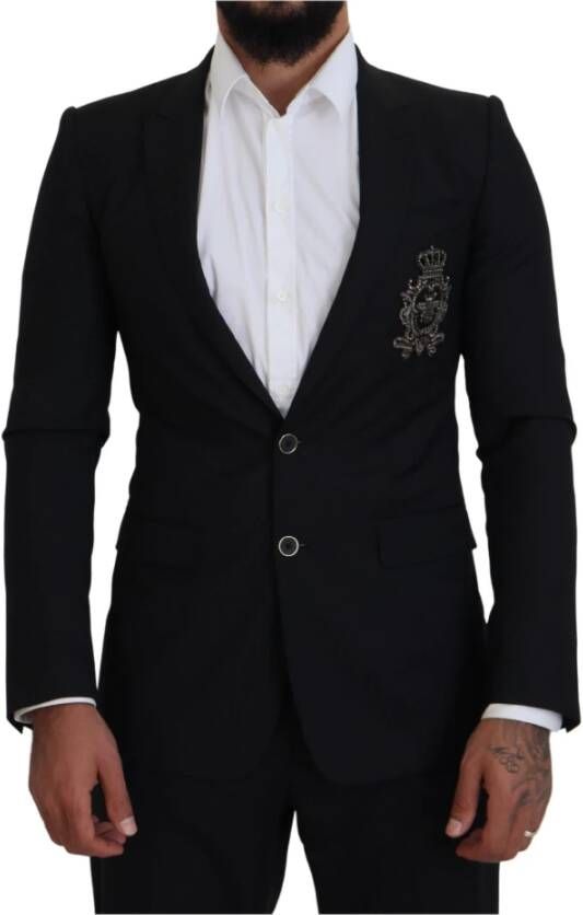 Dolce & Gabbana Zwarte Wollen Blazer met Bijenkroon Borduursel Black Heren