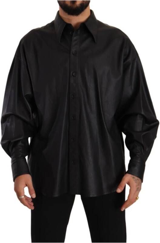 Dolce & Gabbana Black Leather Button Down Men Collared Jacket Zwart Heren