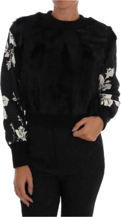 Dolce & Gabbana Luxe Bloemen Brokaat Zwarte Bont Trui Black Dames