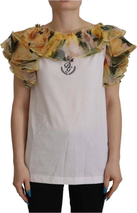 Dolce & Gabbana Witte Bloemen Gerimpelde Vest met DG Crown Borduursel Multicolor Dames