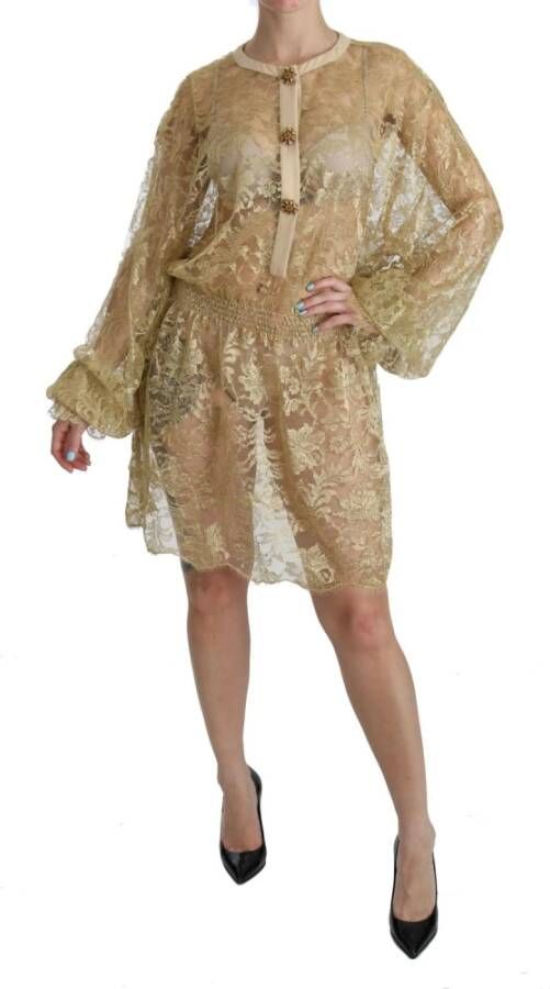 Dolce & Gabbana Gouden Kant A-Lijn Knielengte Jurk Yellow Dames