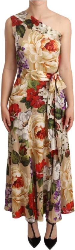 Dolce & Gabbana Bloemen One Shoulder Jurk tot op de Knie Beige Dames
