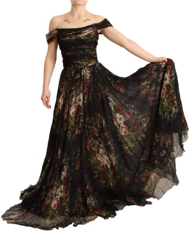 Dolce & Gabbana Elegante Bloemen Off-Shoulder Gelegenheidsjurk Black Dames