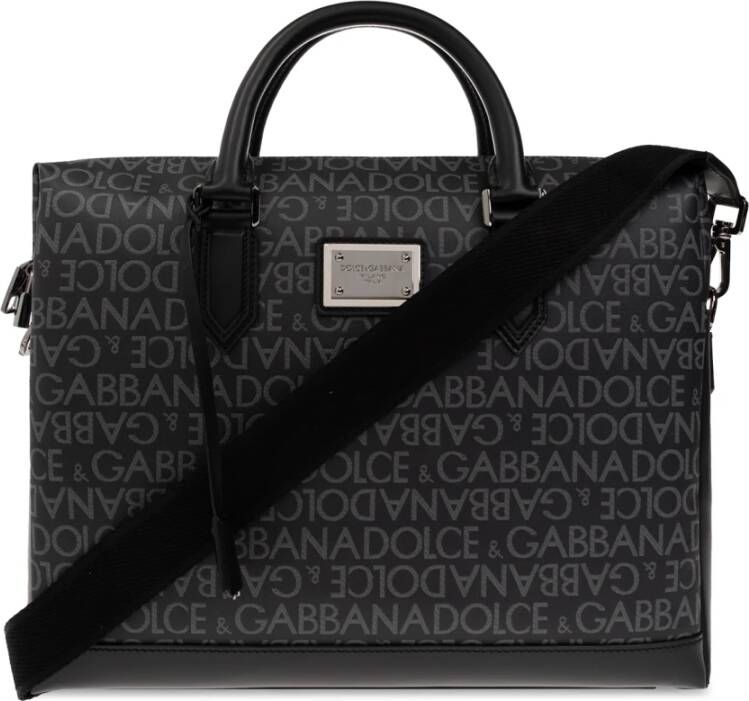 Dolce & Gabbana Zwarte en grijze kalfsleren logo print aktetas voor heren Black Heren