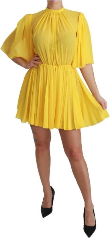 Dolce & Gabbana Yellow Pleated A-line Mini 100% Silk Dress Geel Dames