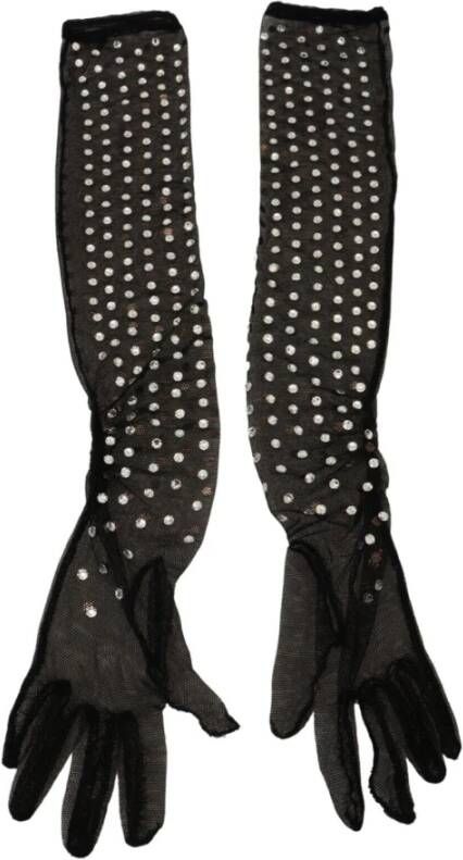 Dolce & Gabbana Kristalversierde Mesh Handschoenen Zwart Katoen Italië Black Dames