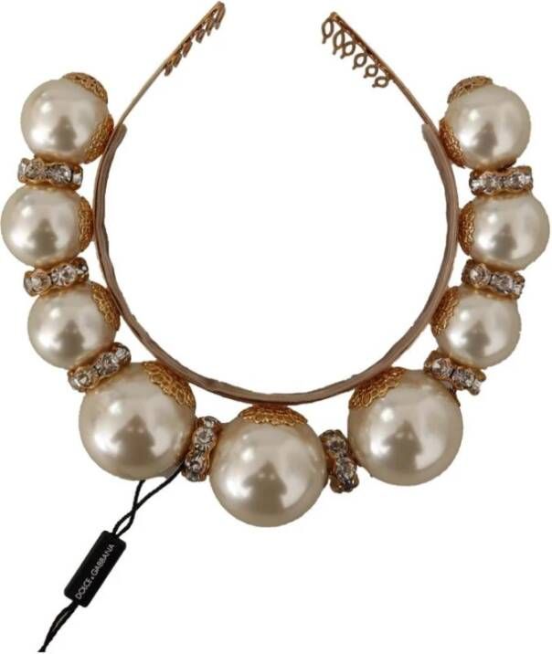Dolce & Gabbana Gold Brass Crystal Faux Pearl Crown Logo Tiara Diadem Geel Dames
