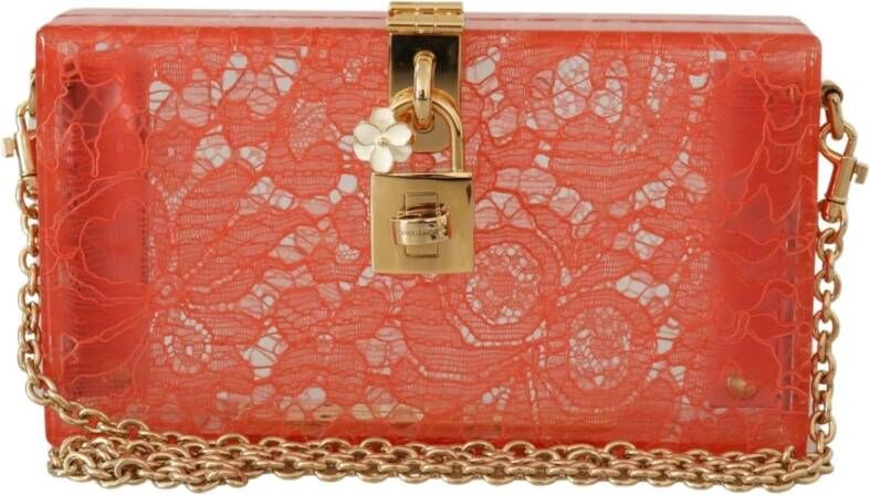 Dolce & Gabbana Gold Padlock BOX Peach Lace Clutch Party Bag Rood Dames
