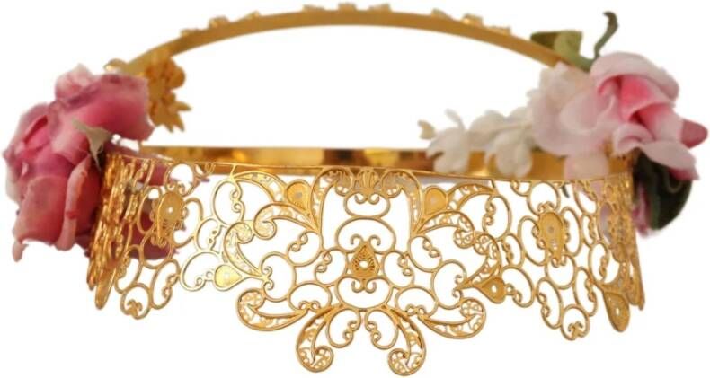 Dolce & Gabbana Gold Tone Brass Roses Crystals Tiara Headband Diadem Crown Geel Dames