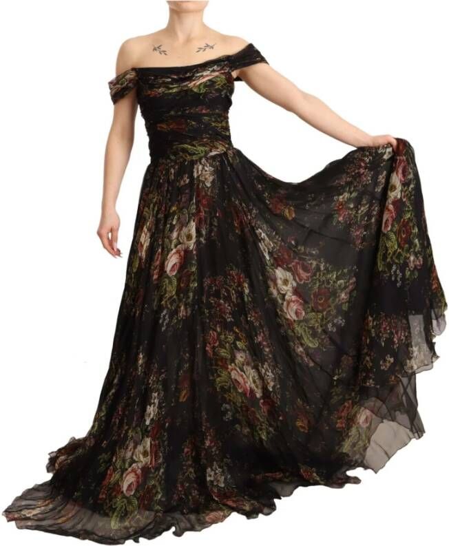 Dolce & Gabbana Elegante Bloemen Off-Shoulder Gelegenheidsjurk Black Dames