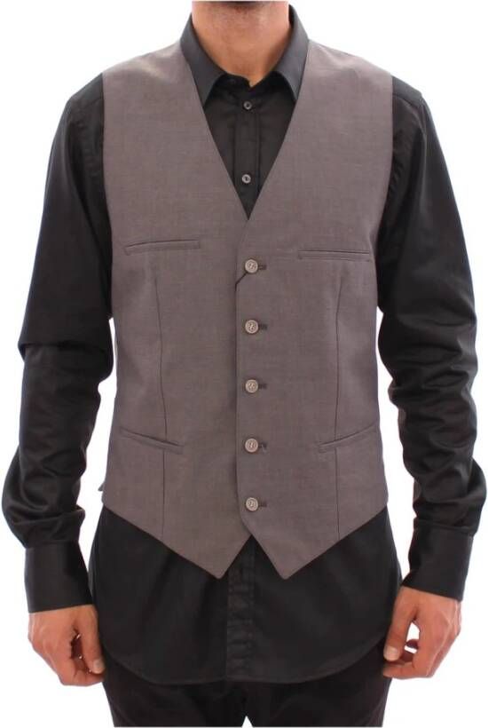 Dolce & Gabbana Gray Cotton Slim Fit Button Front Dress Vest Grijs
