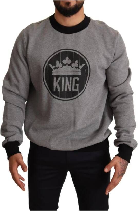 Dolce & Gabbana Gray Crown King Print Cotton Sweater Grijs Heren