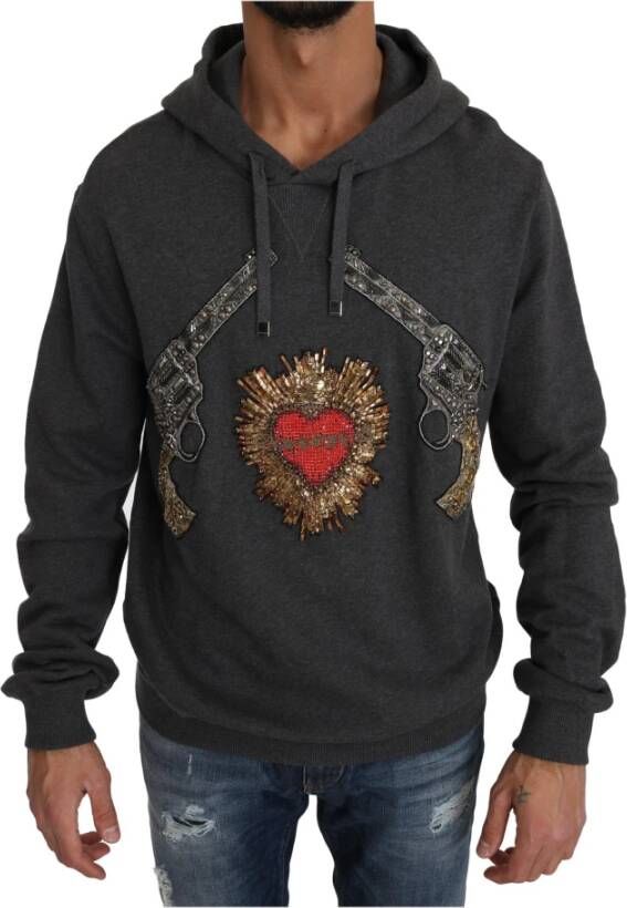 Dolce & Gabbana Gray Hooded Red Crystal Heart Gun Sweater Grijs Heren