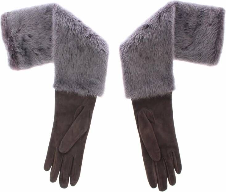 Dolce & Gabbana Grijze Bont Lamswollen Suède Leren Handschoenen Grijs Dames