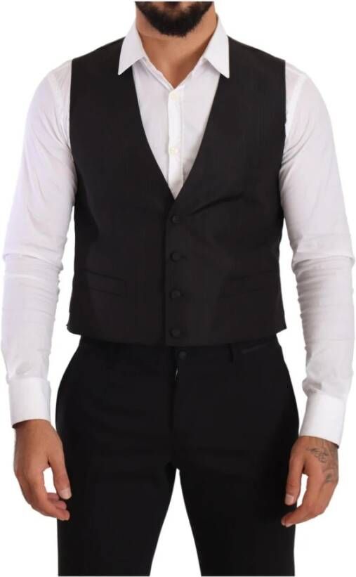 Dolce & Gabbana Gray Silk Slim Fit Waistcoat Formal Vest Grijs Heren