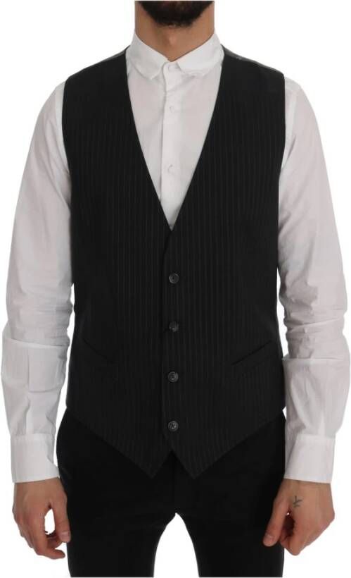 Dolce & Gabbana Gray Staff Cotton Striped Vest Grijs Heren