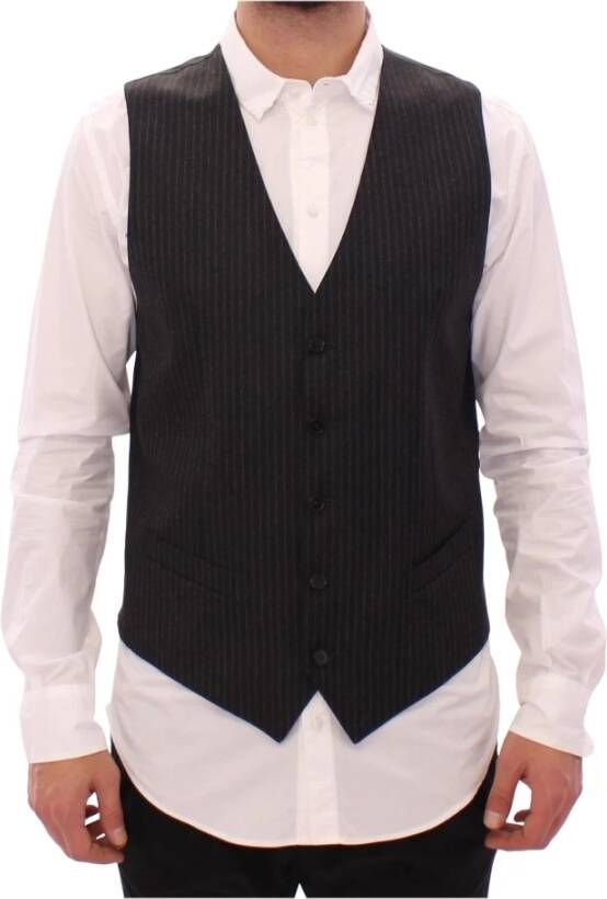Dolce & Gabbana Gray Striped Wool Single Breasted Vest Grijs Heren