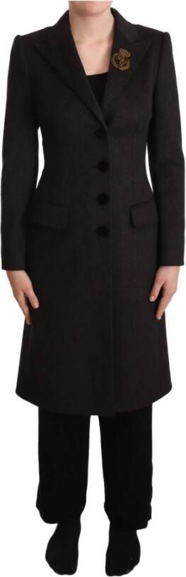 Dolce & Gabbana Gray Wool Cashmere Coat Crest Applique Jacket Grijs Dames