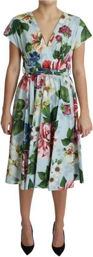 Dolce & Gabbana Groene Bloemen V-Hals Katoenen Jurk Multicolor Dames