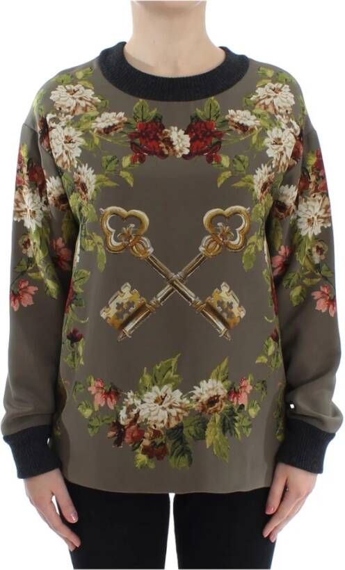 Dolce & Gabbana Green Key Floral Print Silk Sweater Groen Dames