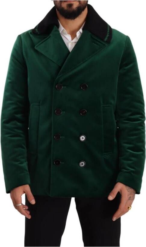 Dolce & Gabbana Green Velvet Cotton Double Breasted Jacket Groen Heren