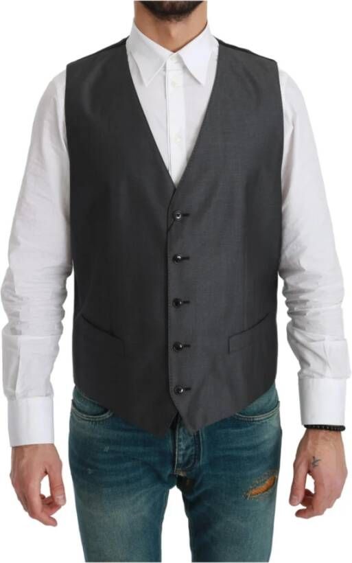 Dolce & Gabbana Gray Waistcoat Formal Stretch Wool Vest Grijs Heren