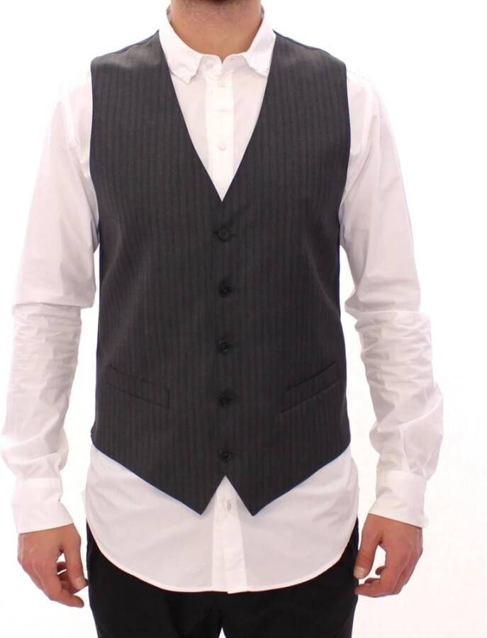 Dolce & Gabbana Grijze Gestreepte Wollen Vest Verstelbare Achterband Grijs