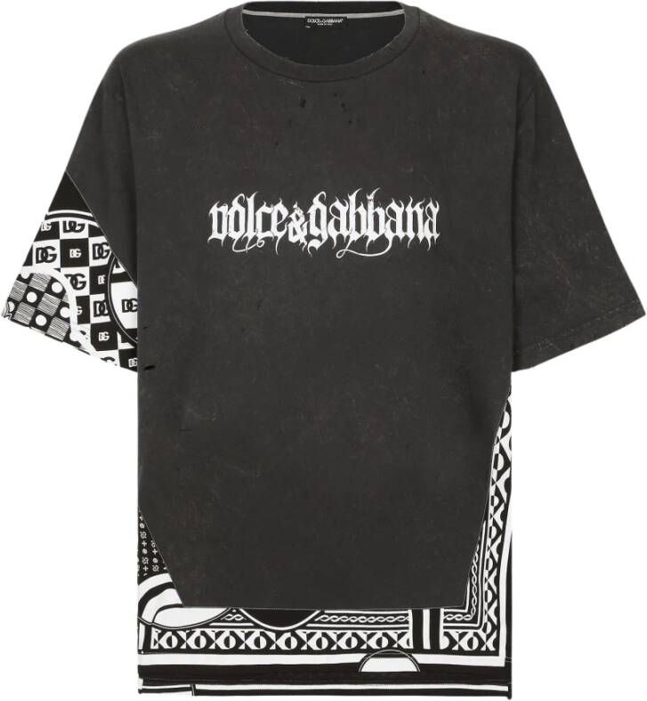 Dolce & Gabbana Grijze Katoenen T-shirt met Scheuren en Print Grijs Heren